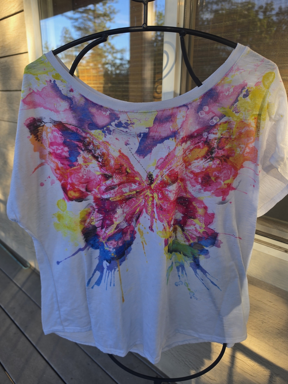 White Tee with Vibrant Watercolor Butterfly